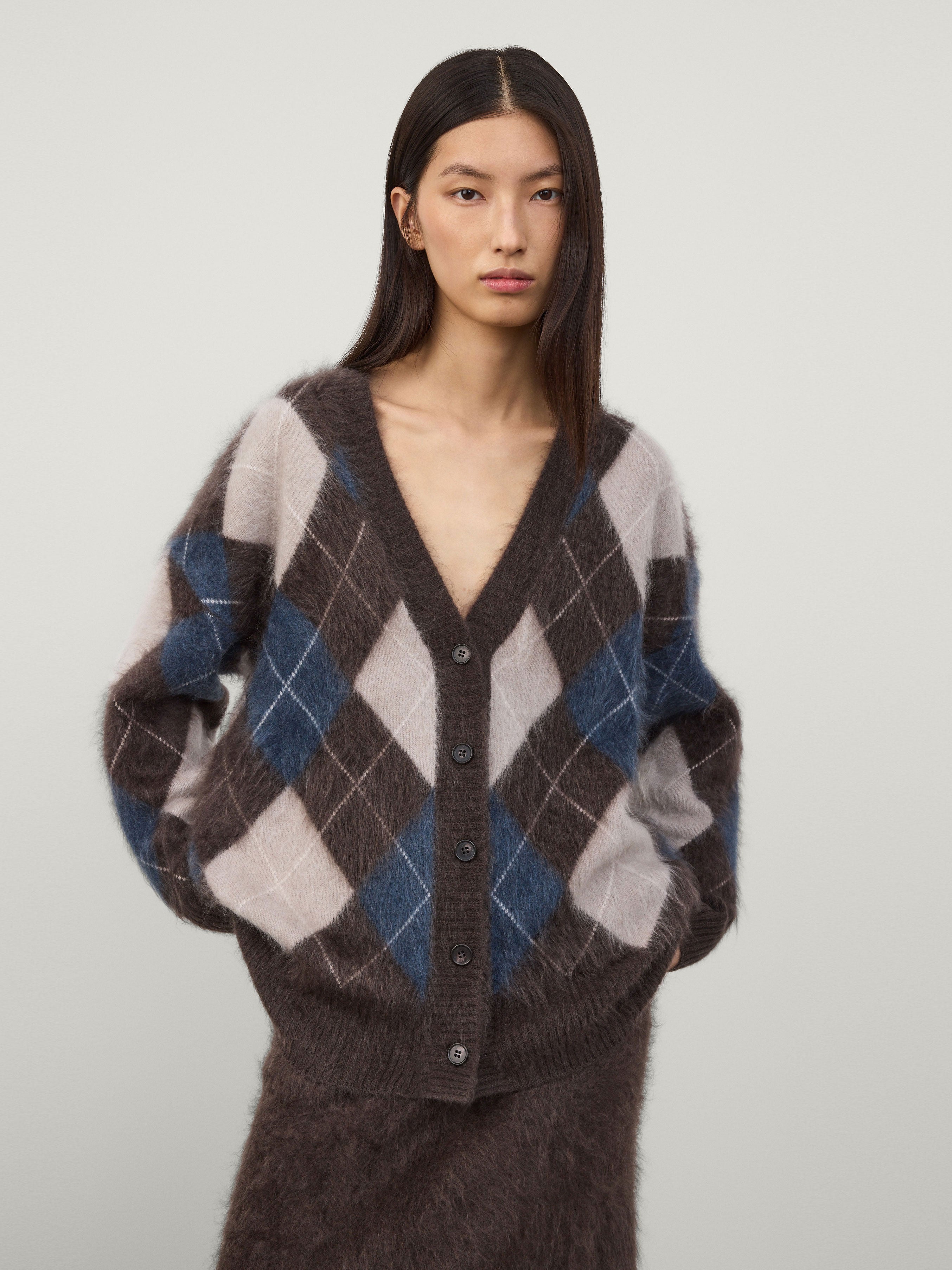 Elaria Cardigan Wood Argyle Brushed | Cashmere | LISA YANG